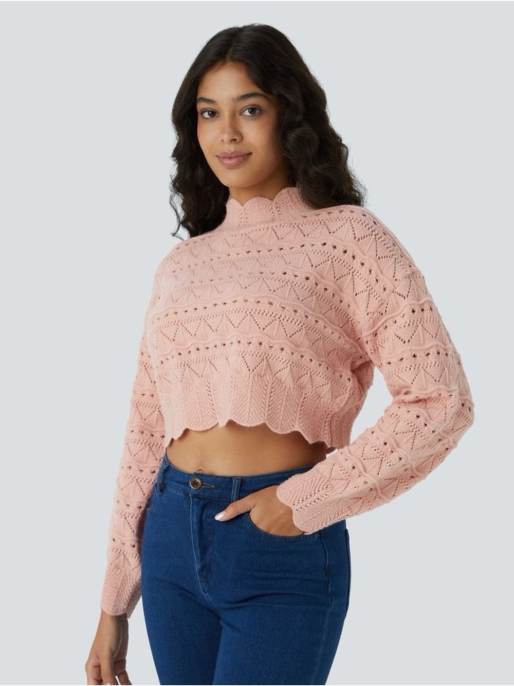 HALARA Pointelle Knit Cowl Sweater in Light Pink
